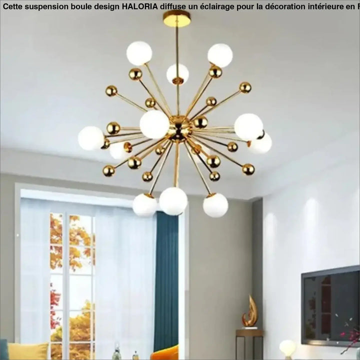 Luminaire suspension boule haloria dorée avec design étoile moderne et globes en verre blanc sphériques