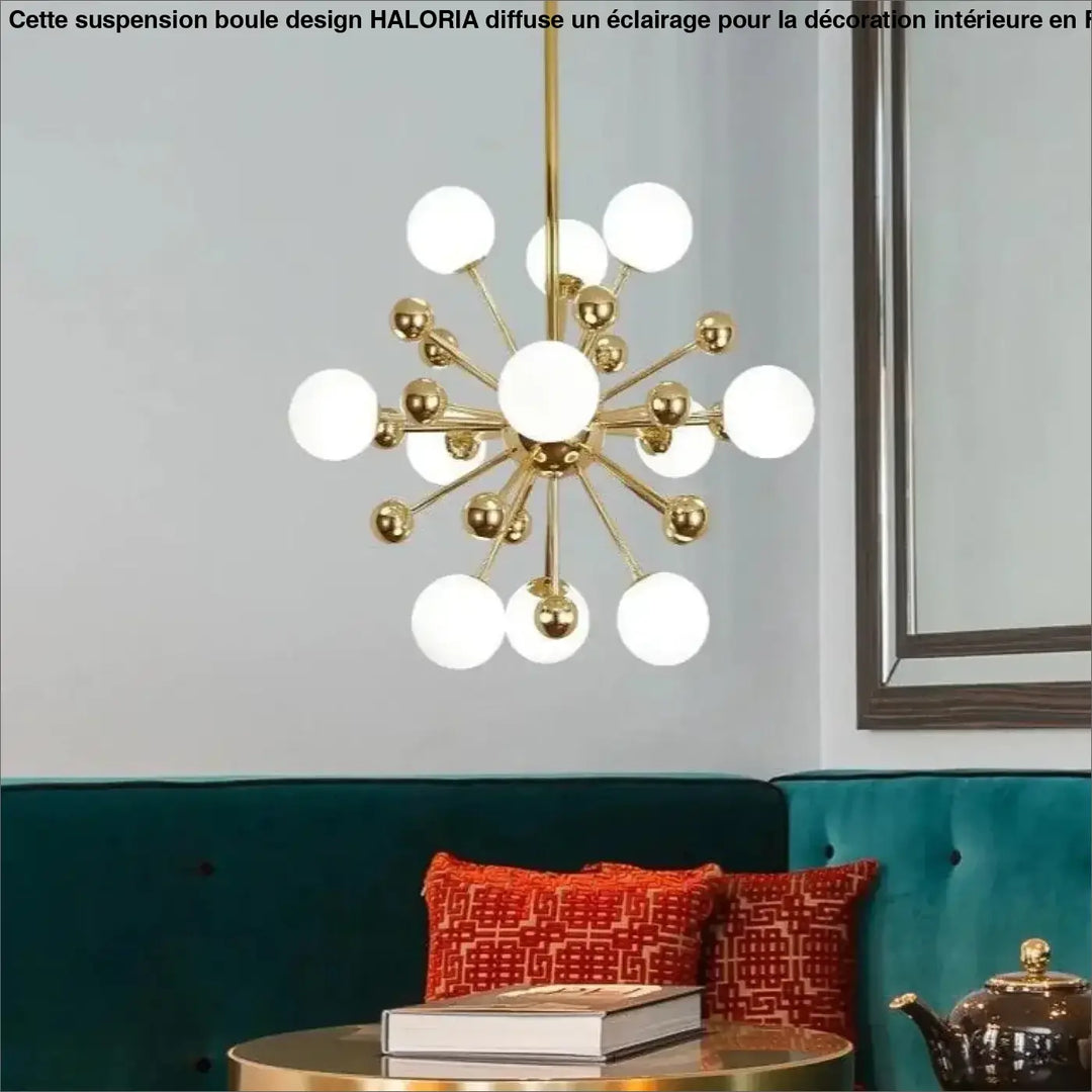 Luminaire suspension boule design haloria en métal doré avec ampoules sphériques blanches en motif étoile