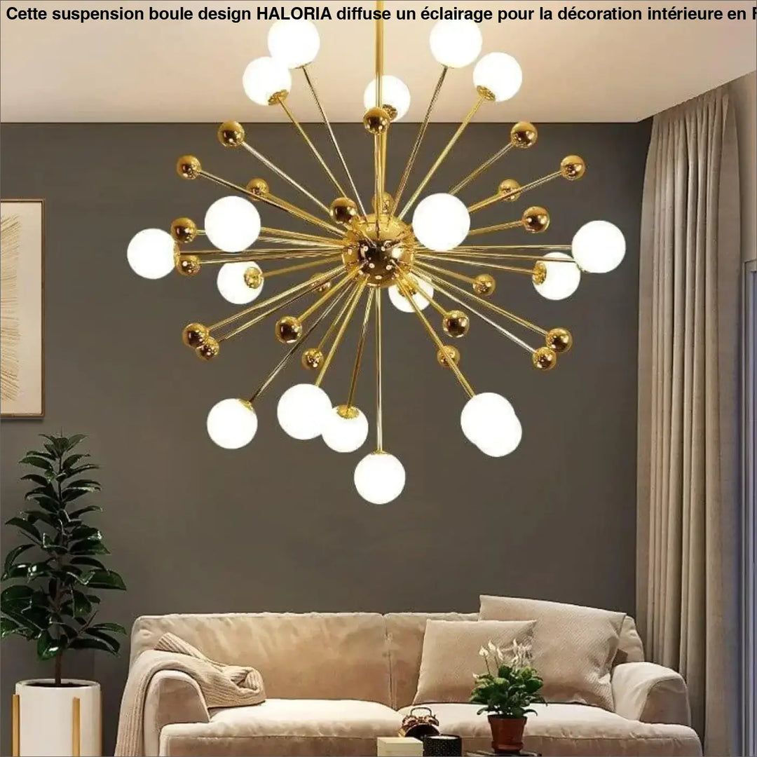 Luminaire suspension boule haloria en métal doré avec multiples globes en verre blanc en étoile radiale