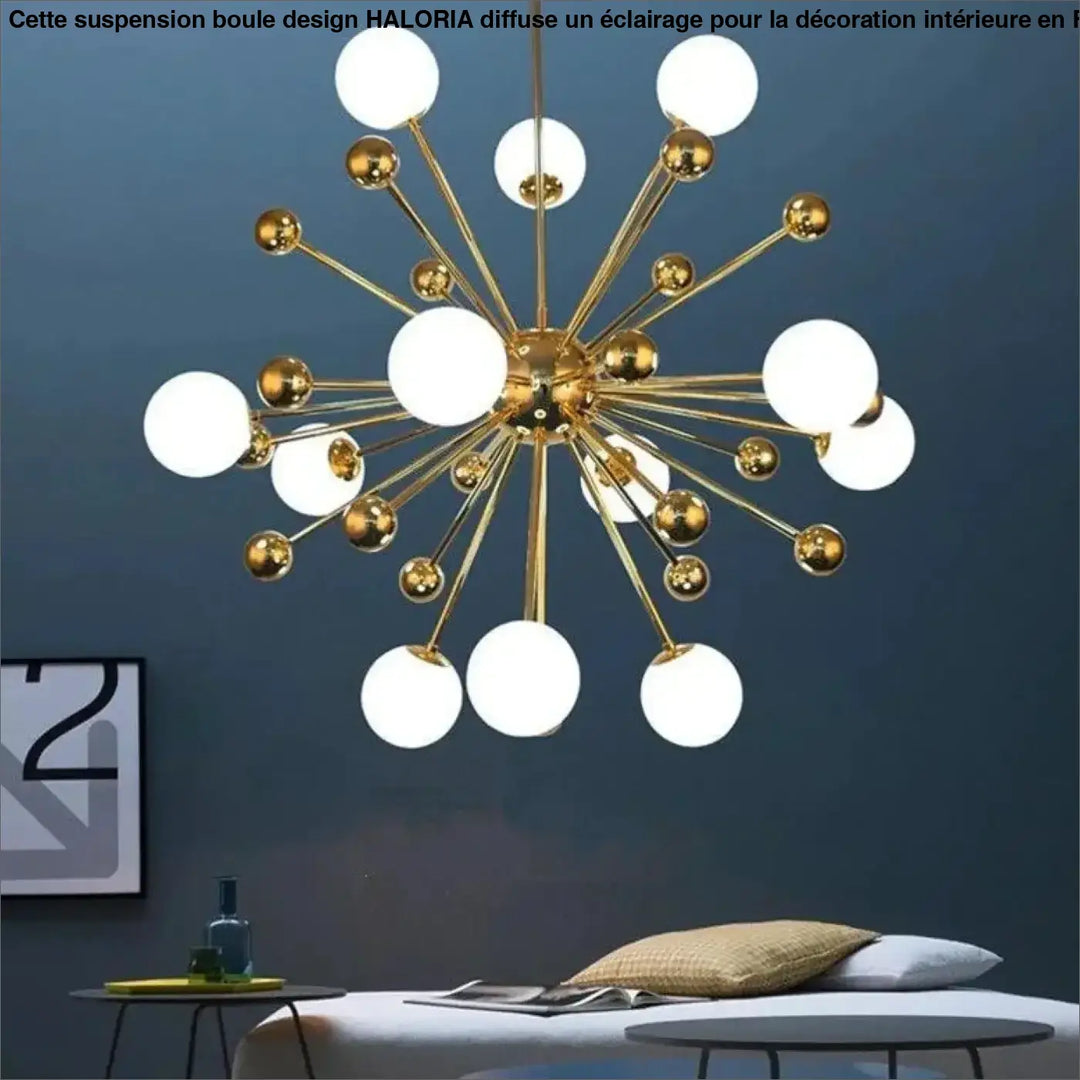 Luminaire suspension boule haloria en métal doré avec globes en verre blanc sphériques et accents métalliques élégants