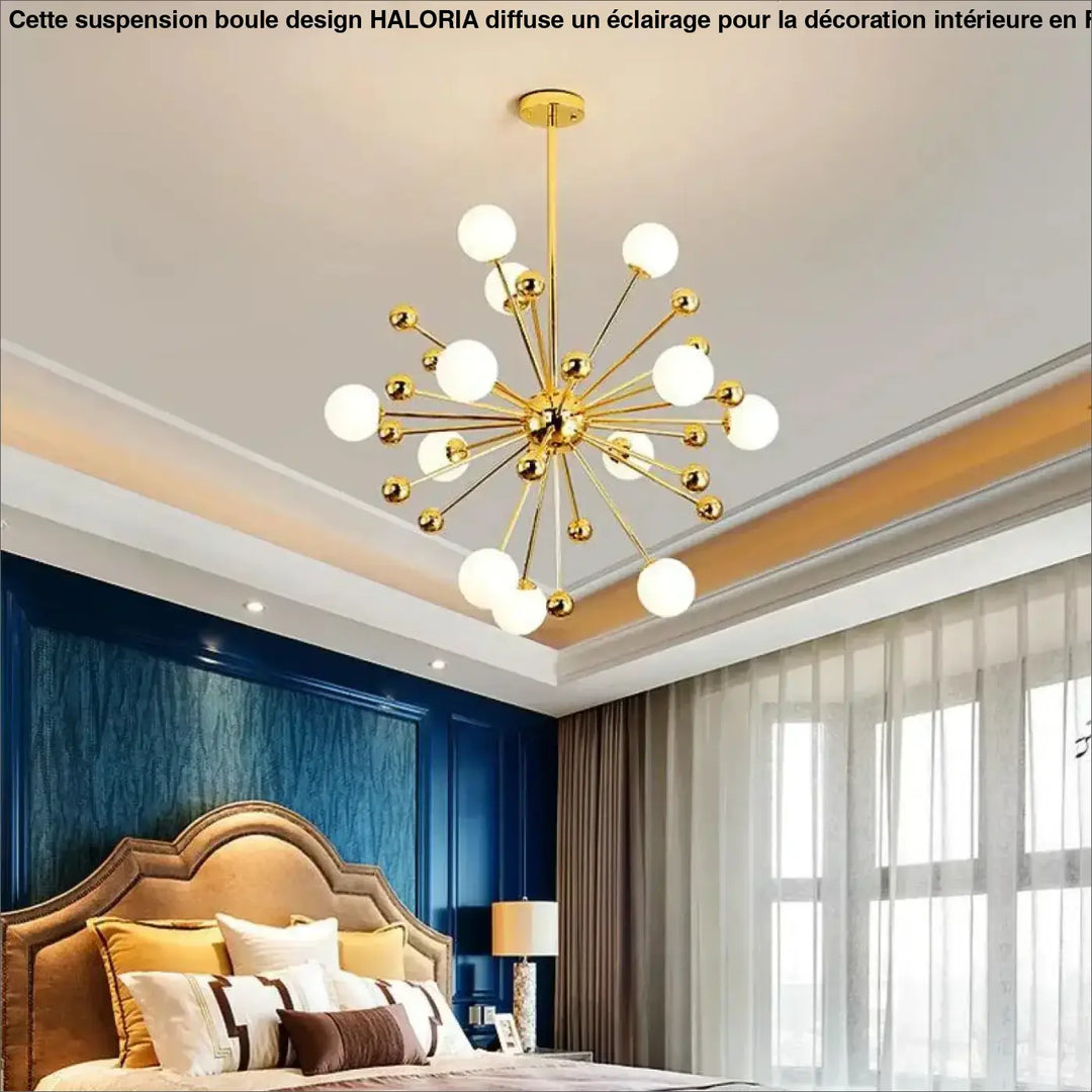Luminaire suspension boule design haloria en métal doré avec globes en verre blanc sphériques modernes radiants