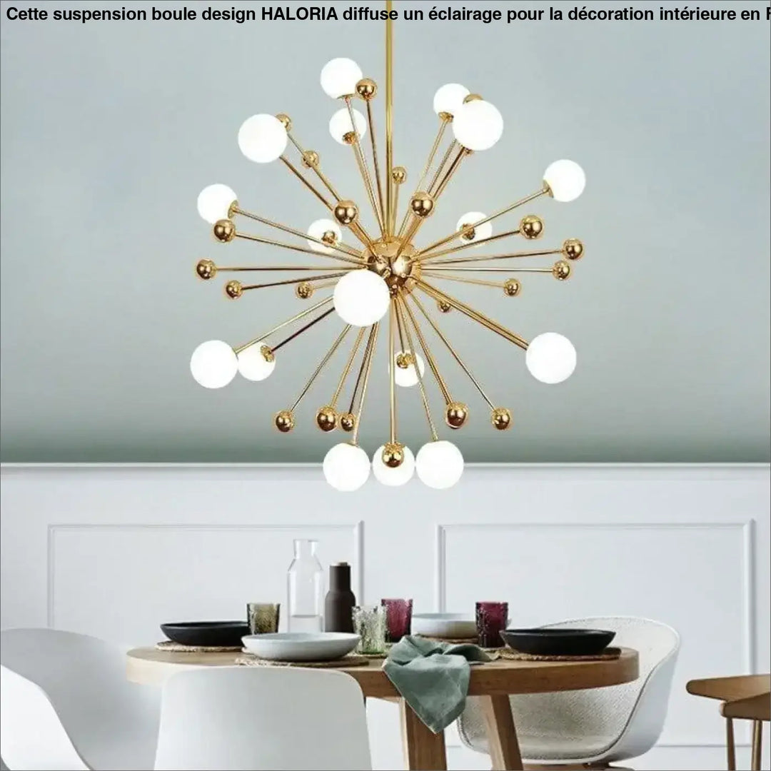 Luminaire suspension boule design en métal doré avec chandelier sphérique moderne à effet étoile par haloria