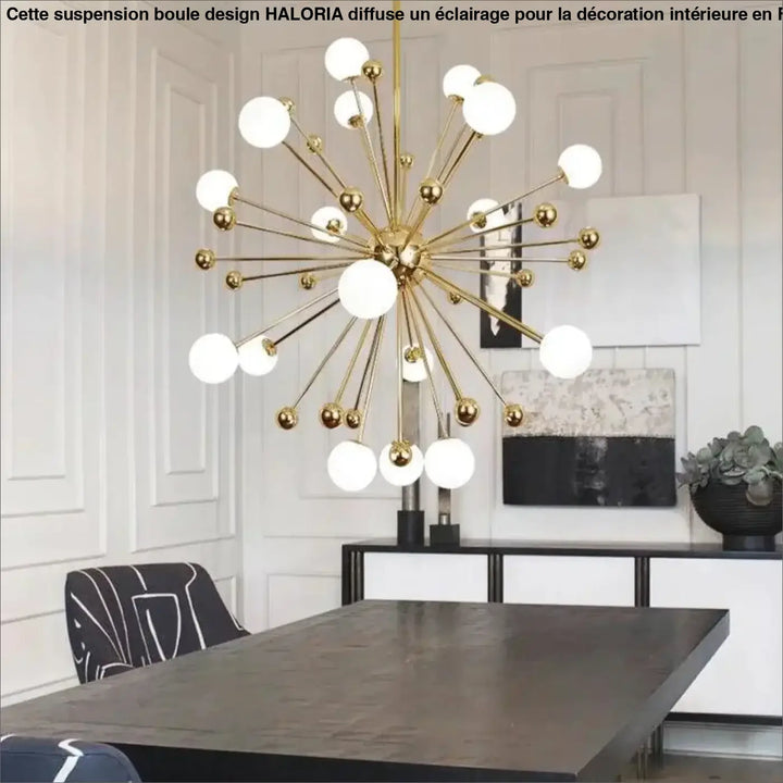 Luminaire suspension boule haloria en design suspension boule avec structure dorée et globes blancs éclaireurs multiples