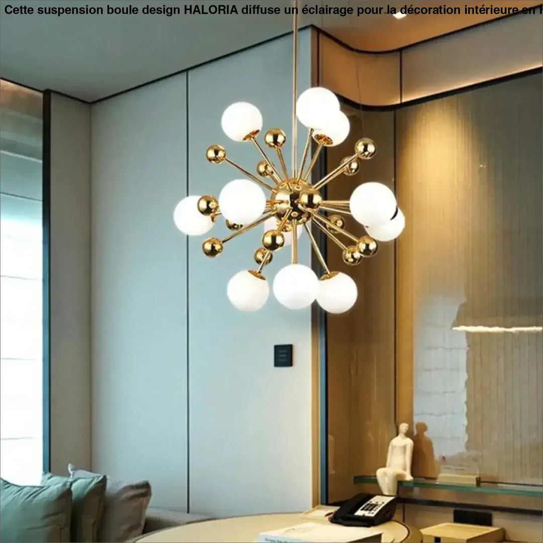 Luminaire suspension boule design haloria en métal doré avec globes en verre dépoli disposés en motif étoile