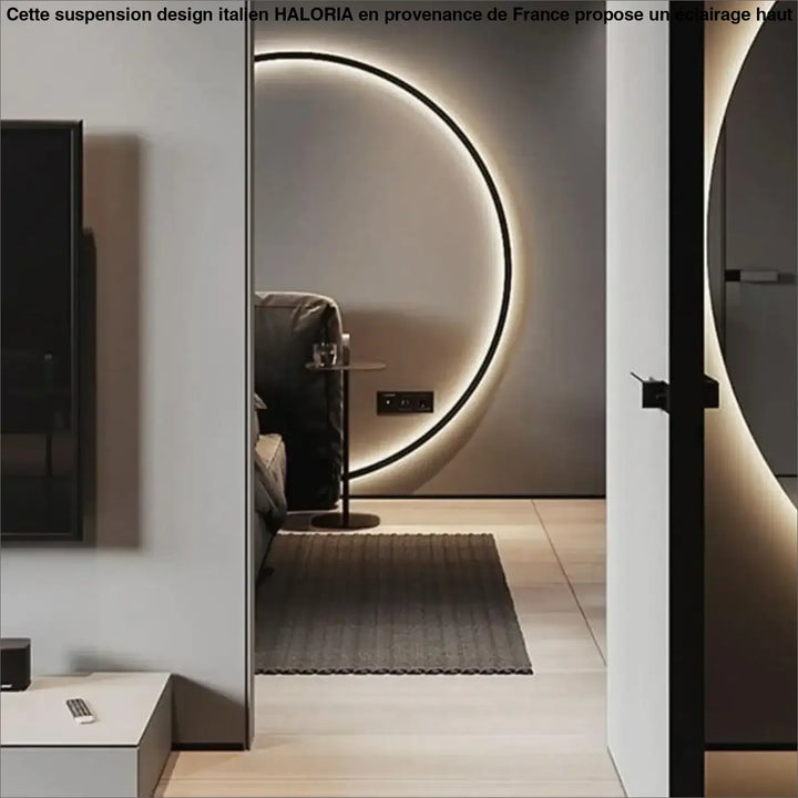 Luminaire suspension design italien haloria avec cadre noir élégant et lumière led circulaire à ambiance chaleureuse
