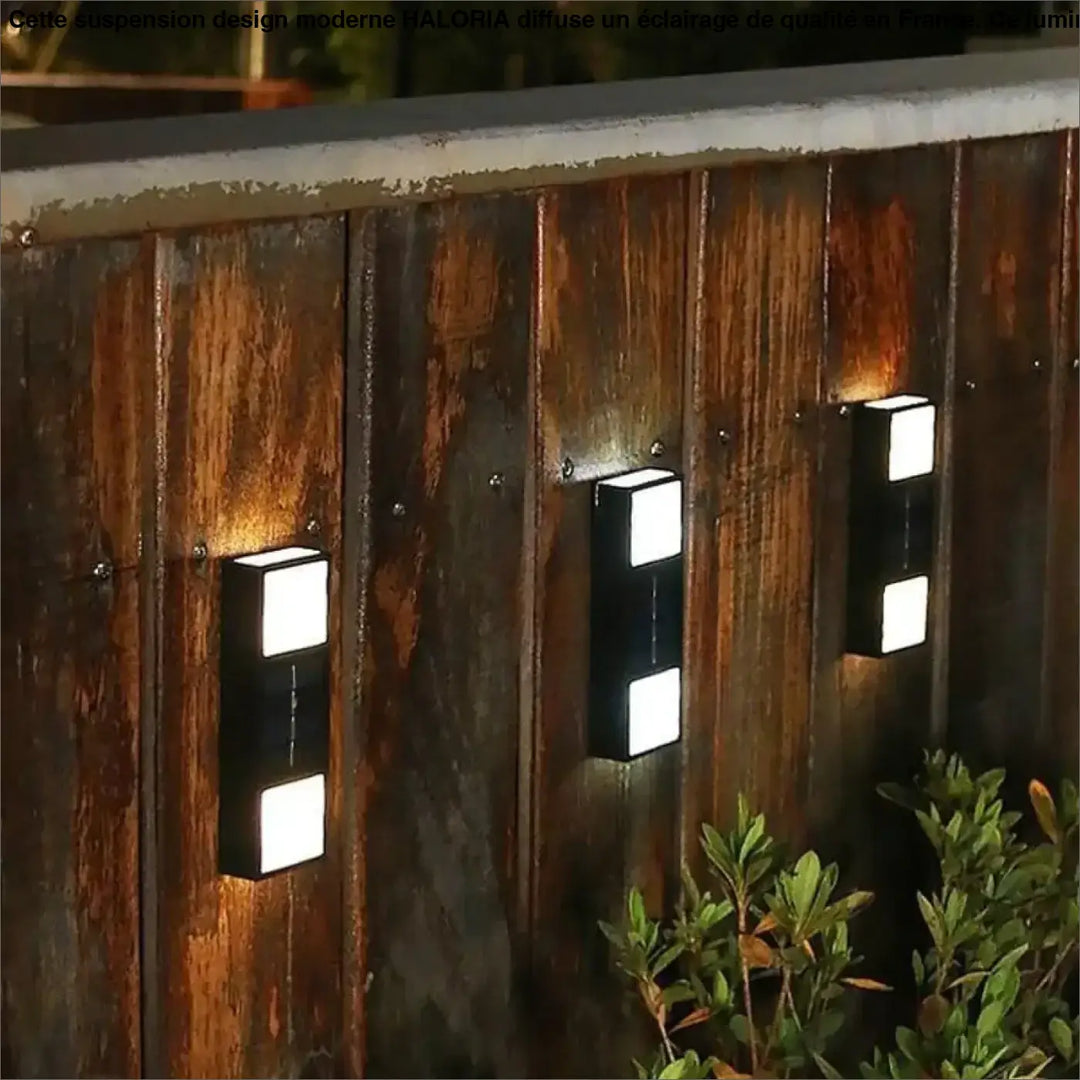 Luminaire suspension design moderne luminaire solaire noir avec deux panneaux lumineux monté sur une clôture en bois weathered