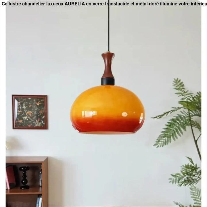 Suspension luminaire angy en verre dégradé chaud avec col en bois et cordon noir pour décoration intérieure style vintage revisité