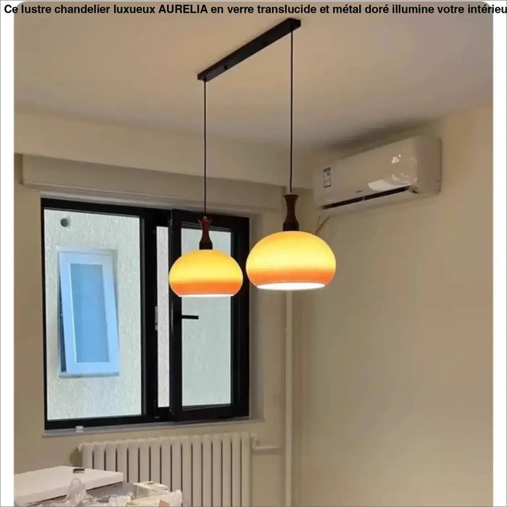 Suspension luminaire angy avec deux abat-jours en verre dégradé orange et jaune pour une décoration intérieure vintage revisité