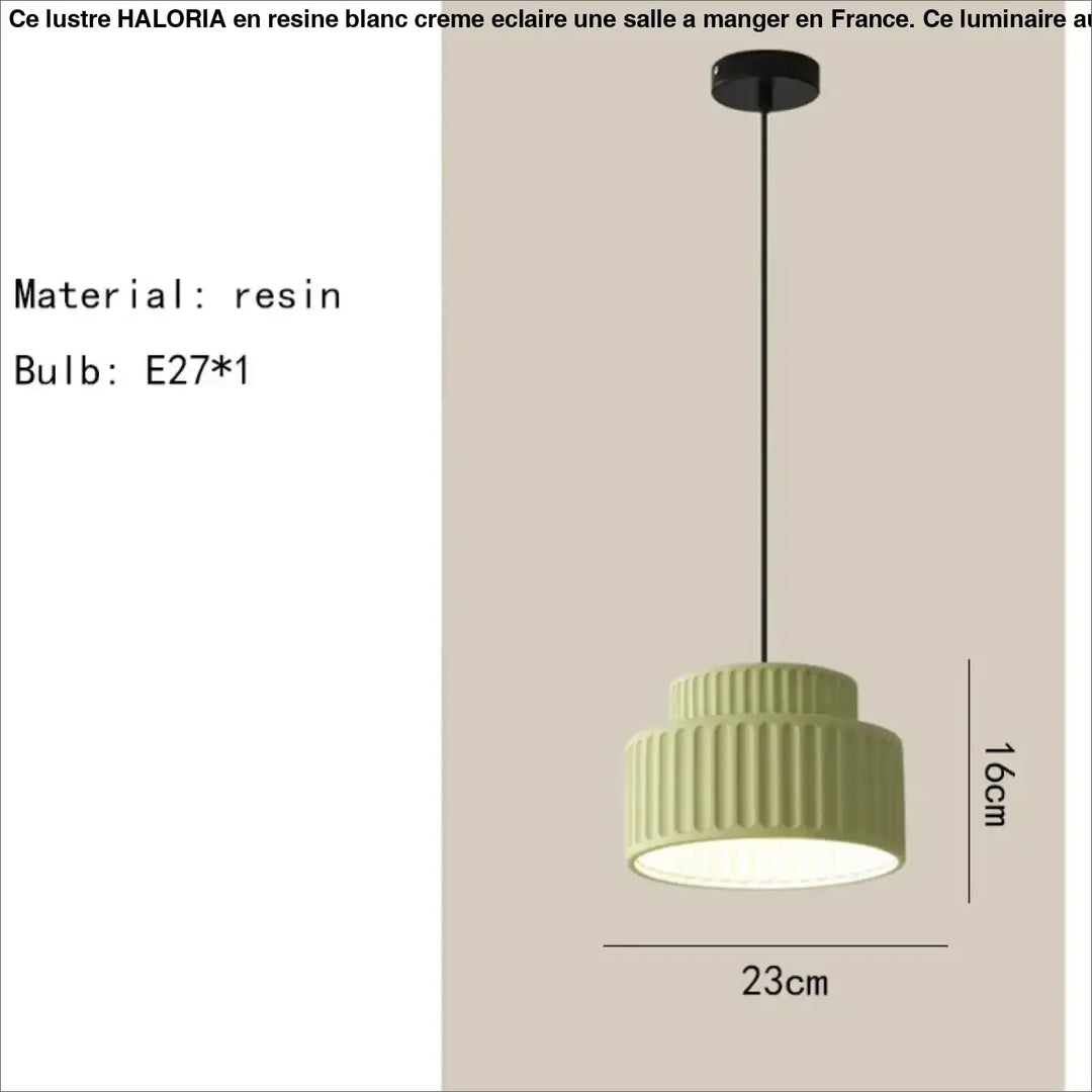 Suspension luminaire crebia avec abat-jour en résine vert sauge mat à rainures verticales suspendu par cordon noir