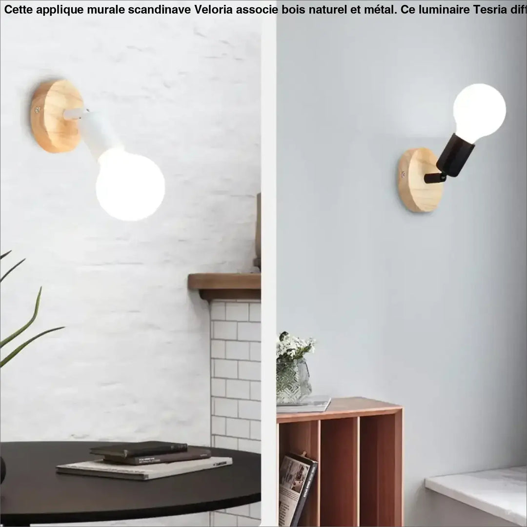 Petit applique murale scandinave en bois avec bras en métal noir et ampoule apparente par veloria