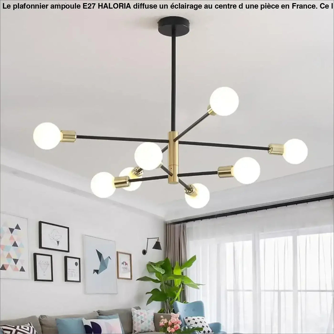 Plafonnier ampoule e27 modern noir et laiton avec ampoules blanches sphériques design haloria