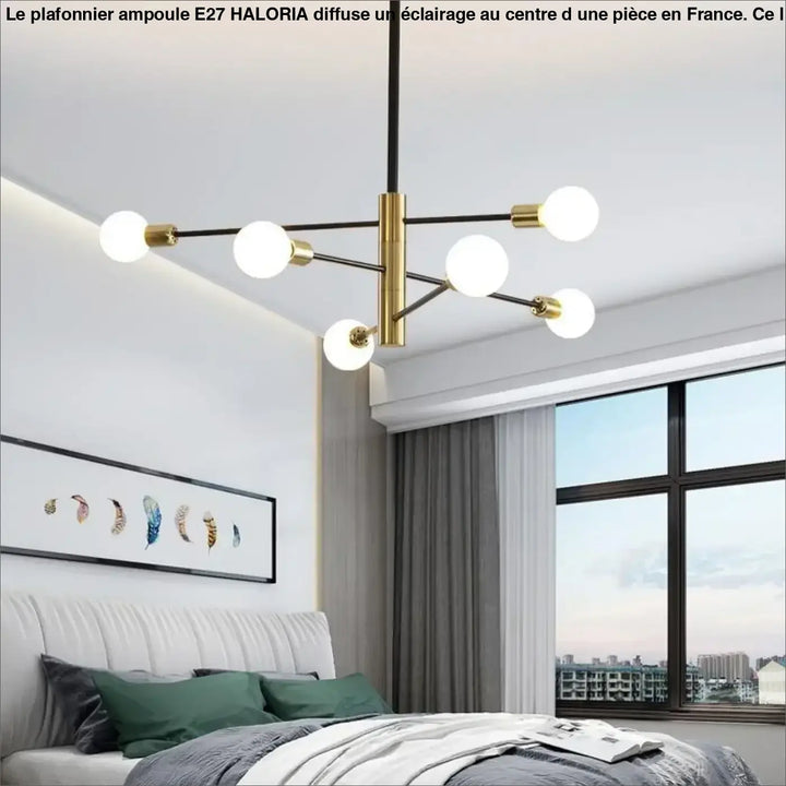 Plafonnier ampoule e27 haloria en laiton moderne et métal noir avec six ampoules sphériques blanches en verre