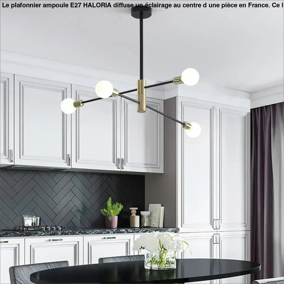 Plafonnier ampoule e27 modern en noir et laiton avec cinq ampoules sphériques pour un éclairage élégant