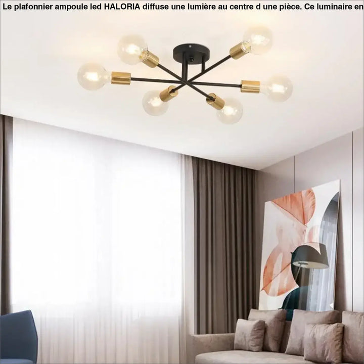 Plafonnier ampoule led haloria noir et laiton avec six douilles ampoule led exposées moderne et design