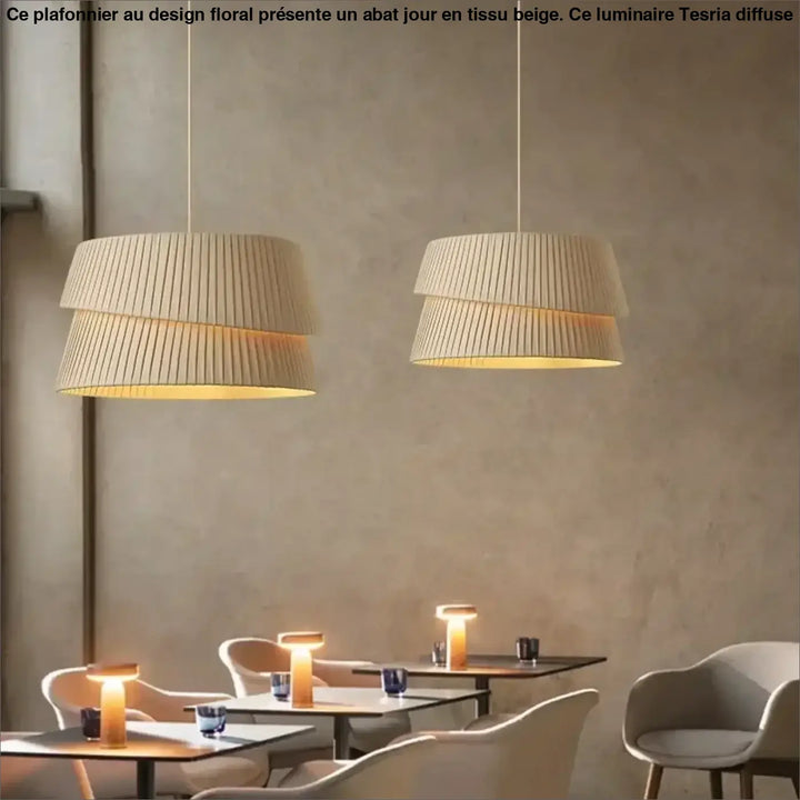 Beige suspension luminaire with pleated design and warm diffused light for elegant lampes suspendues lighting