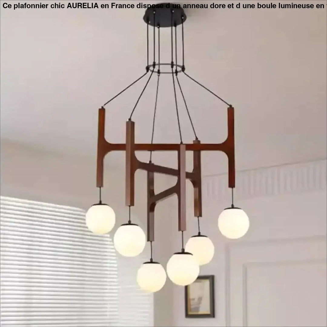 Suspension luminaire gradia en bois moderne avec six globes en verre dépoli et fixation plafond métal noir ideal pour besoin d’ouvrir