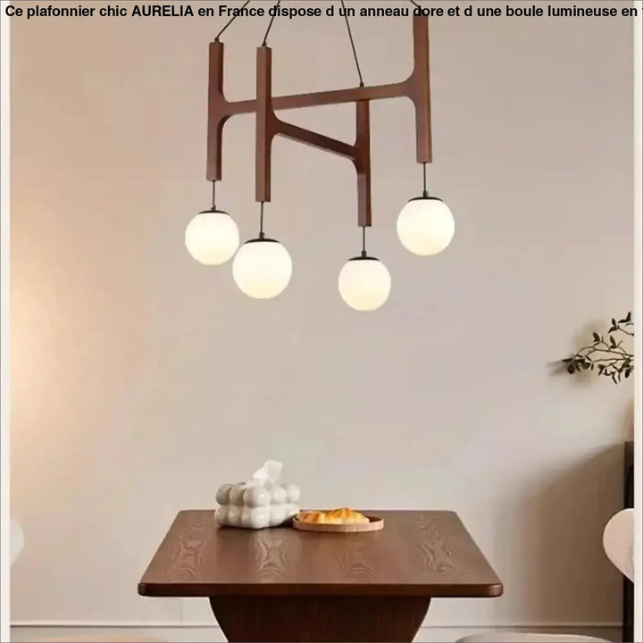 Suspension luminaire gradia en bois foncé avec cinq globes en verre dépoli pour les besoin d’ouvrir un espace moderne