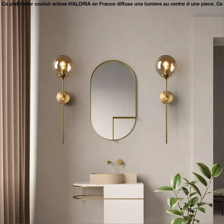 Plafonnier couloir entree haloria avec appliques murales sphériques dorées à tige fine et base circulaire
