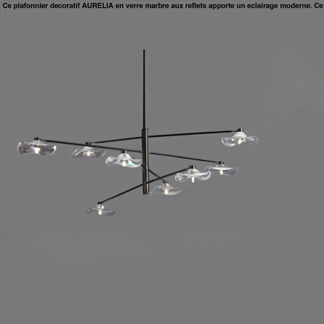 Suspension luminaire vetros noir moderne en métal avec huit abat-jours en verre clair forme pétale design inspirée