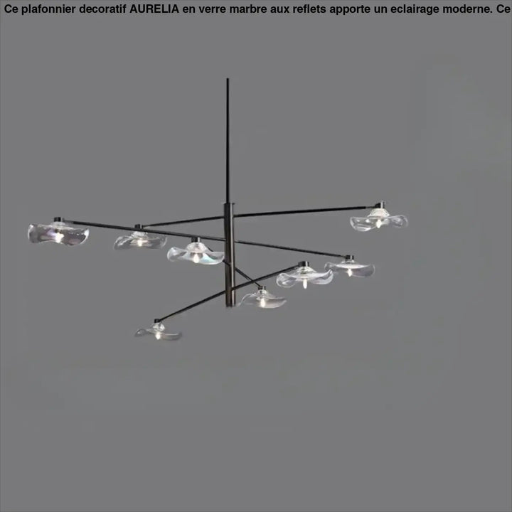 Suspension luminaire vetros noir moderne en métal avec huit abat-jours en verre clair forme pétale design inspirée