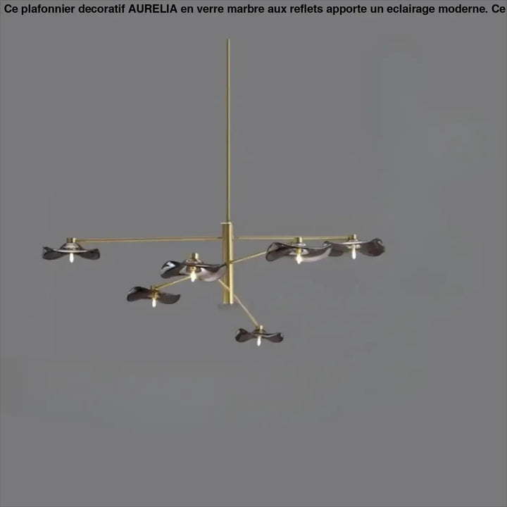 Suspension luminaire vetros en laiton moderne avec six abat-jours en verre translucide foncé en forme de feuille