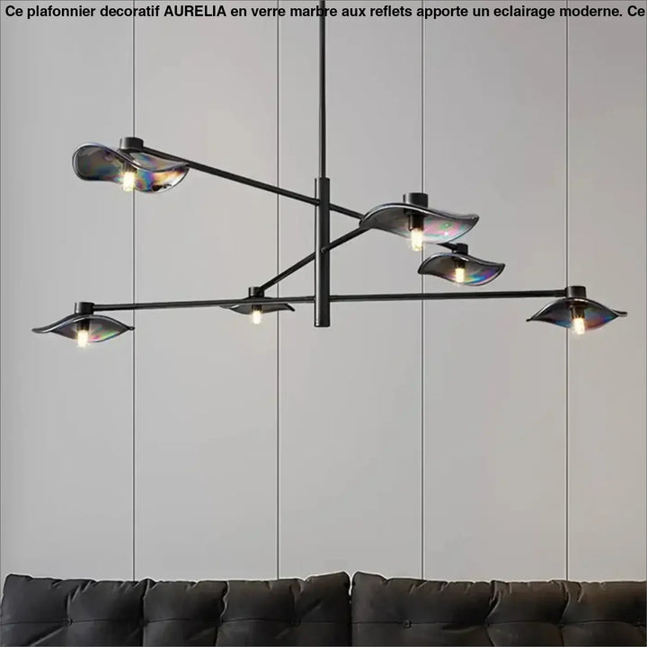 Suspension luminaire vetros en métal noir avec six abat-jours en verre irisé design inspirée moderne