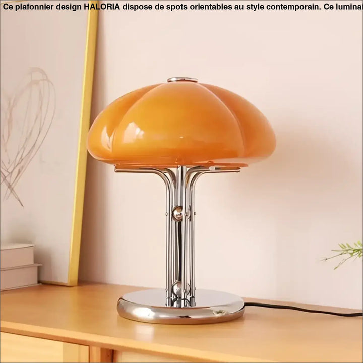 Lampe de chevet orange en verre en forme de champignon avec base et tige en métal chrome pour une lumière apaisante et atmosphère chaleureuse