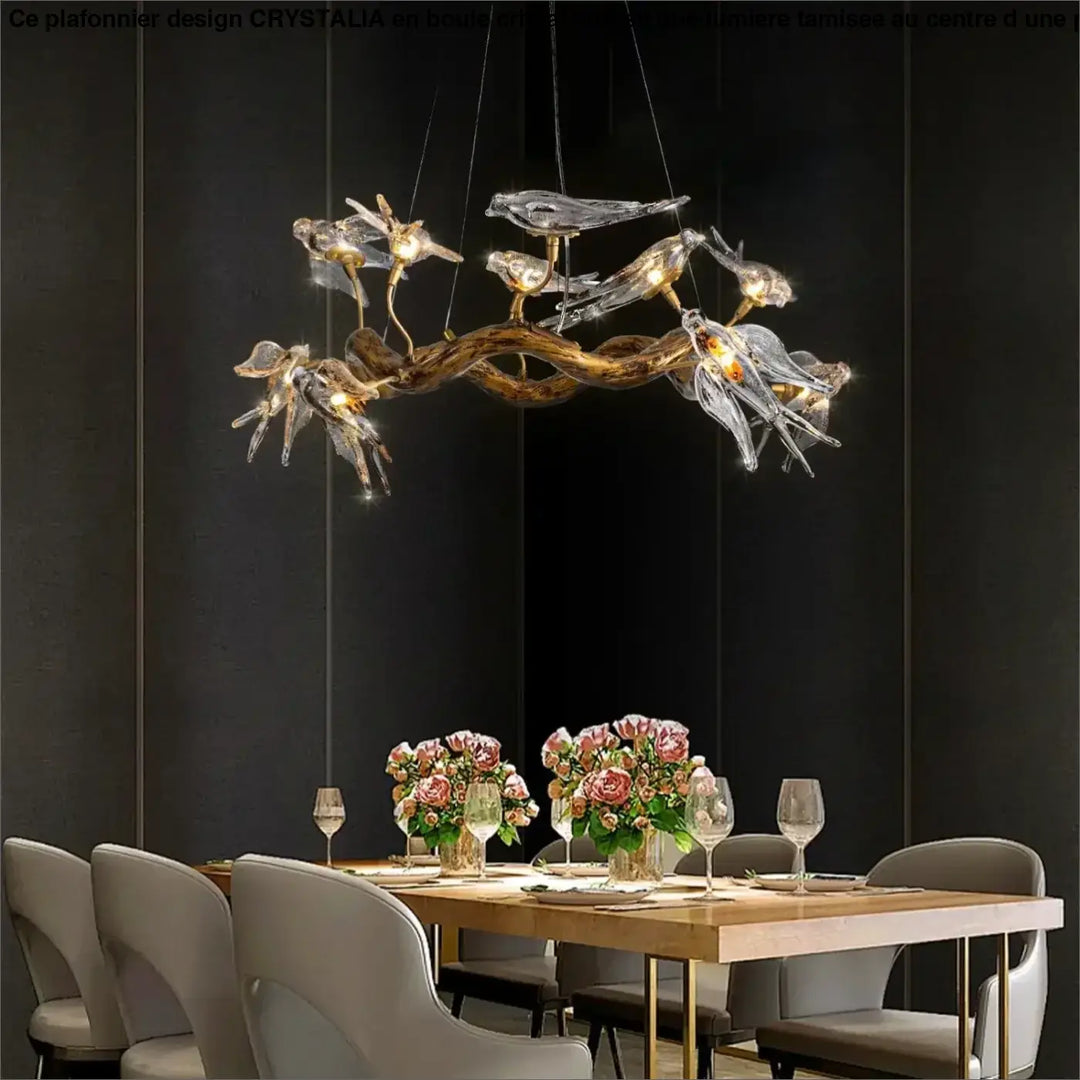 Suspension design branche dorée avec oiseaux en verre