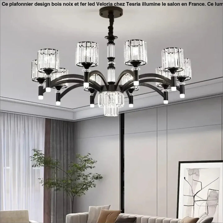 Suspension luminaire élégante en métal noir et cristal design