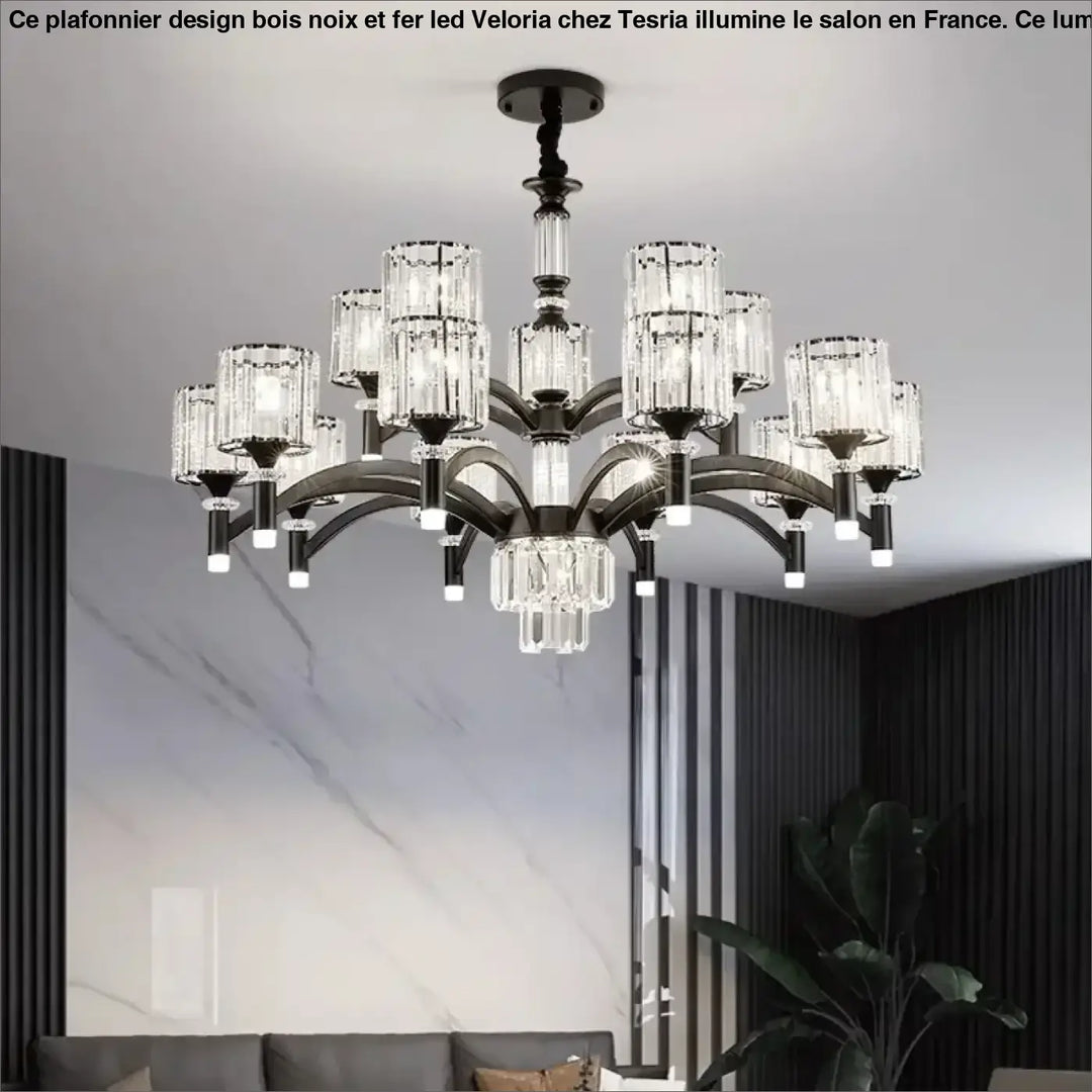 Suspension luminaire élégante en métal noir et cristal design