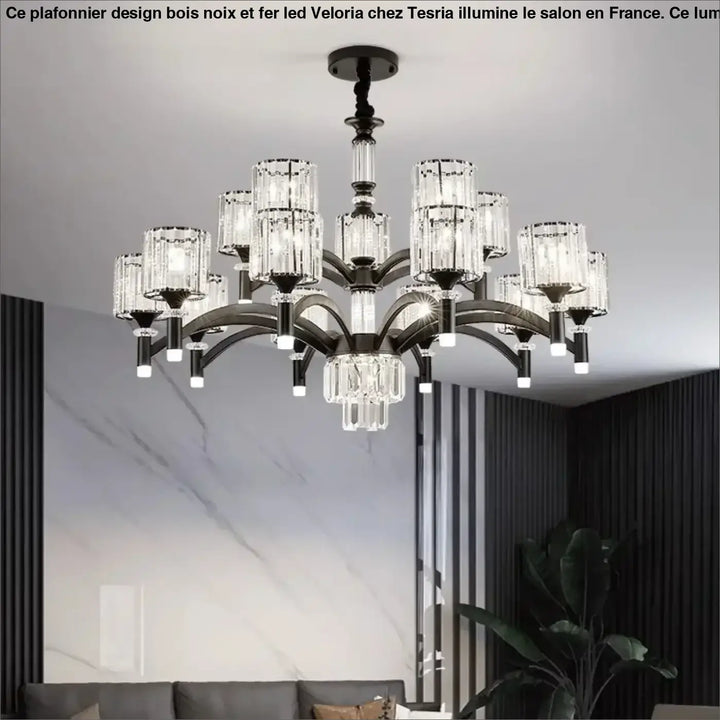 Suspension luminaire élégante en métal noir et cristal design
