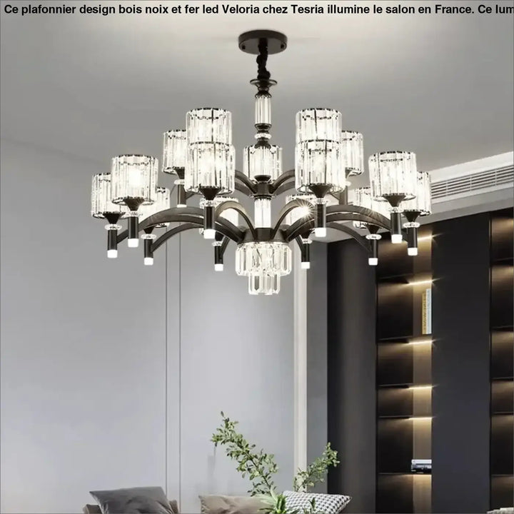 Suspension luminaire élégante en métal noir et cristal design