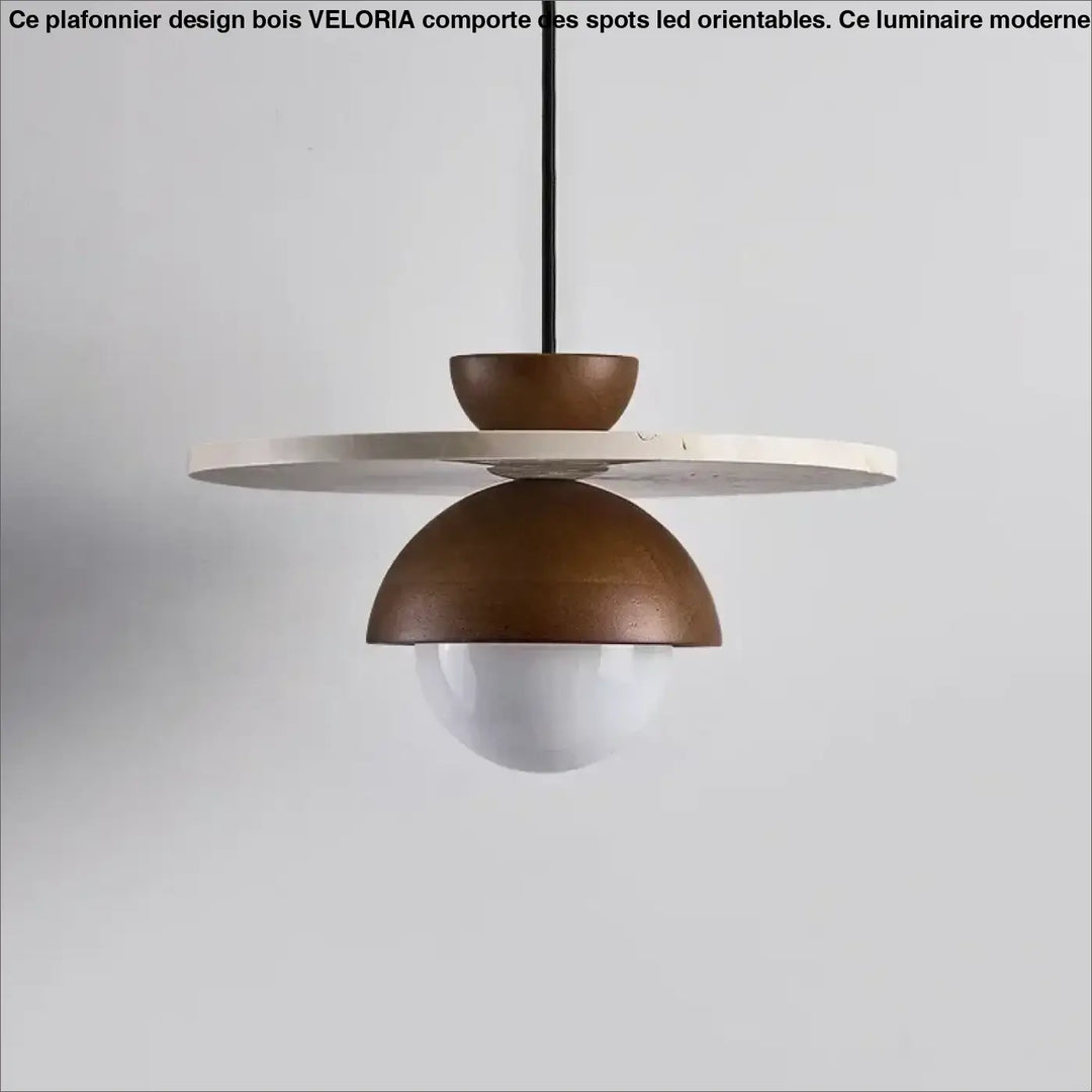 Plafonnier design bois avec spots led orientables en bronze mat et assiette blanche style moderne veloria
