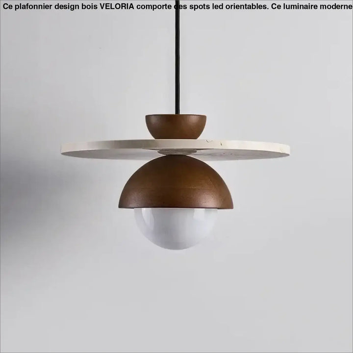 Plafonnier design bois avec spots led orientables en bronze mat et assiette blanche style moderne veloria
