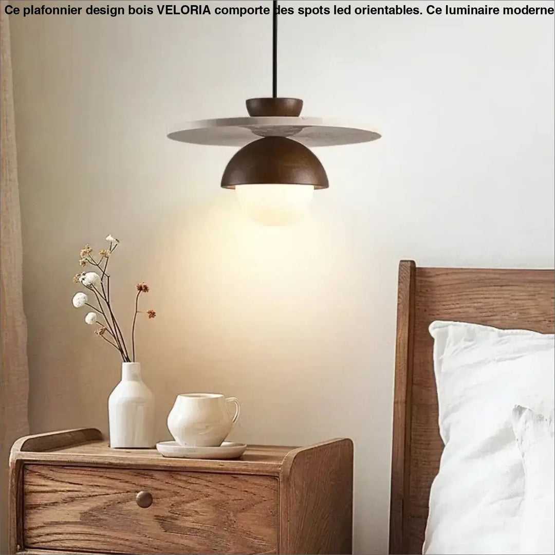 Plafonnier design bois avec spots led orientables, corps en bronze foncé et abat-jour en verre blanc mat suspendu par cordon noir
