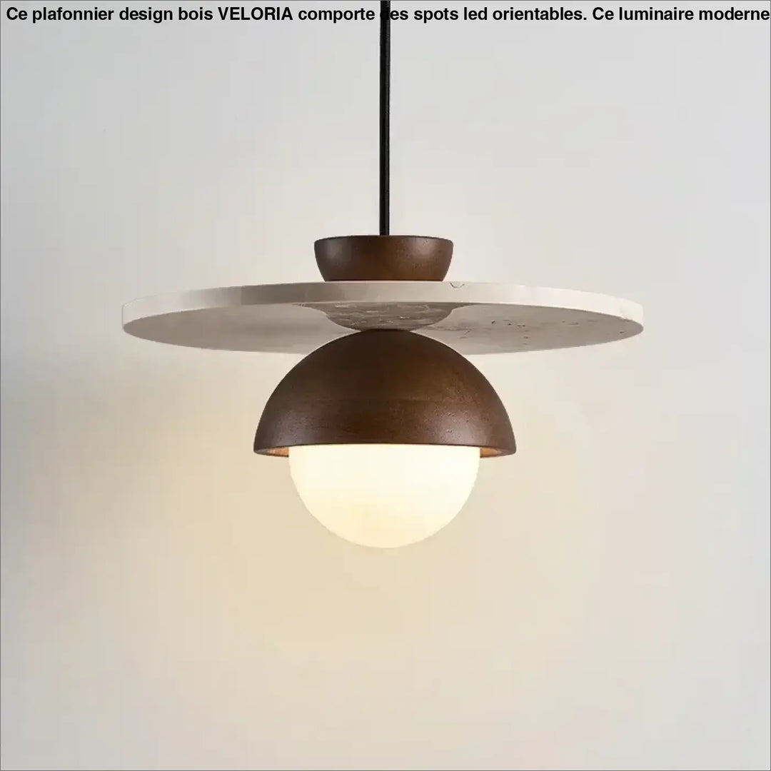 Plafonnier design bois avec abat-jour en bronze mat, globe en verre translucide et disque décoratif en pierre plate
