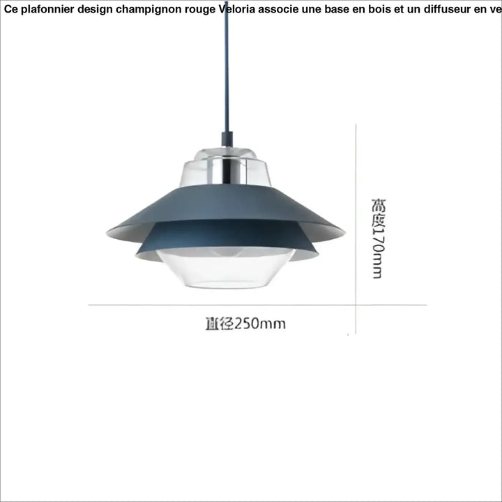 Suspension luminaire Ariella avec design superposé en verre translucide et abat-jour métal bleu mat pour décoration intérieure