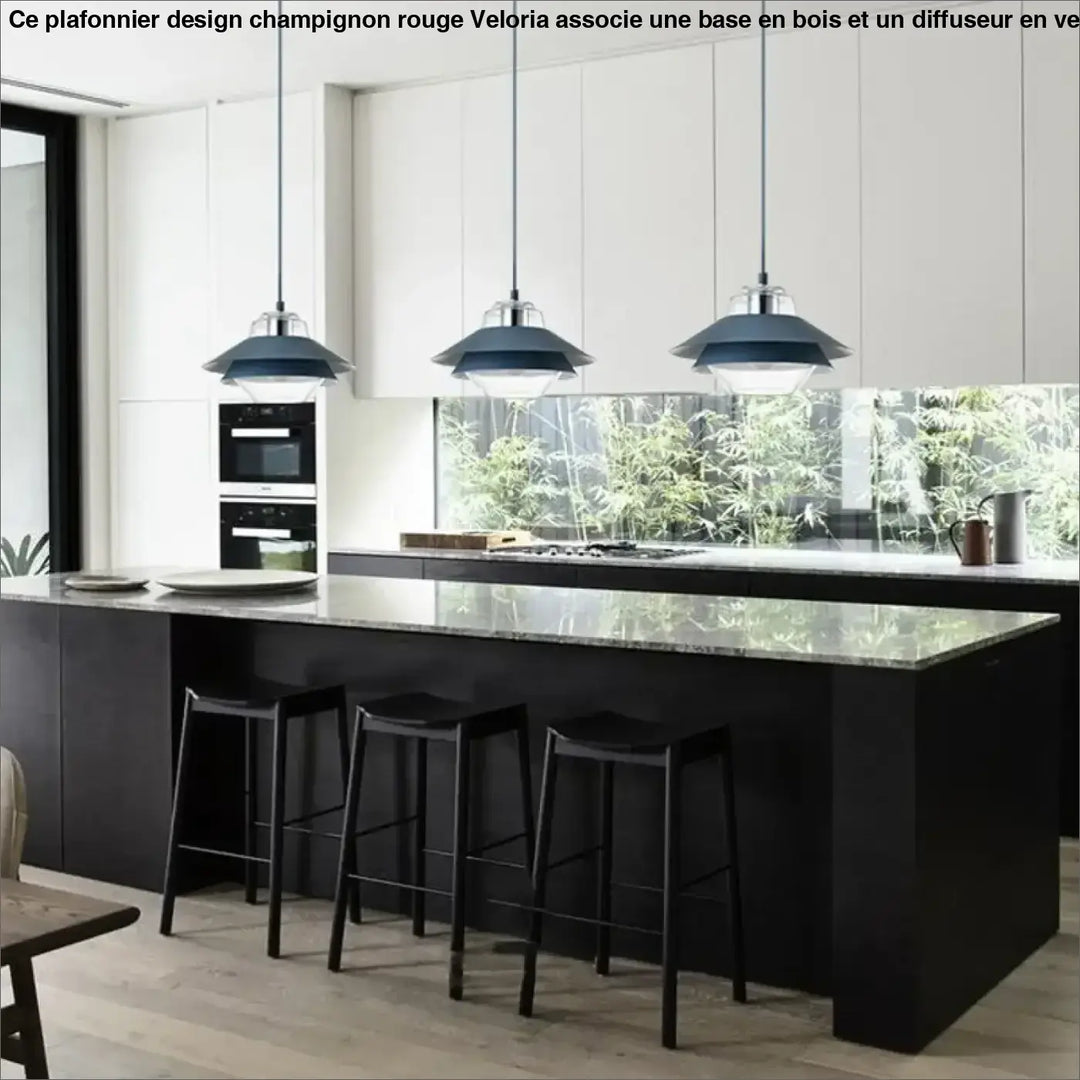 Suspension luminaire ariella avec trois suspensions design bleu foncé et accents métalliques pour décoration intérieure moderne