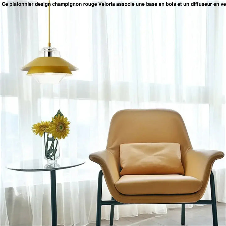 Tan leather armchair with black metal frame and cushion in a suspension luminaire design for décoration intérieure