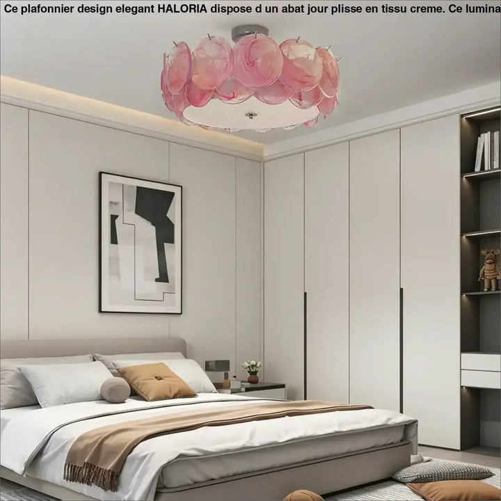 Luminaire plafonnier abalone en verre translucide rose avec un design circulaire pour éclairage intérieur