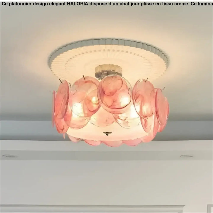 Luminaire plafonnier abalone avec chandelier en verre rose en forme de pétale et base circulaire en métal