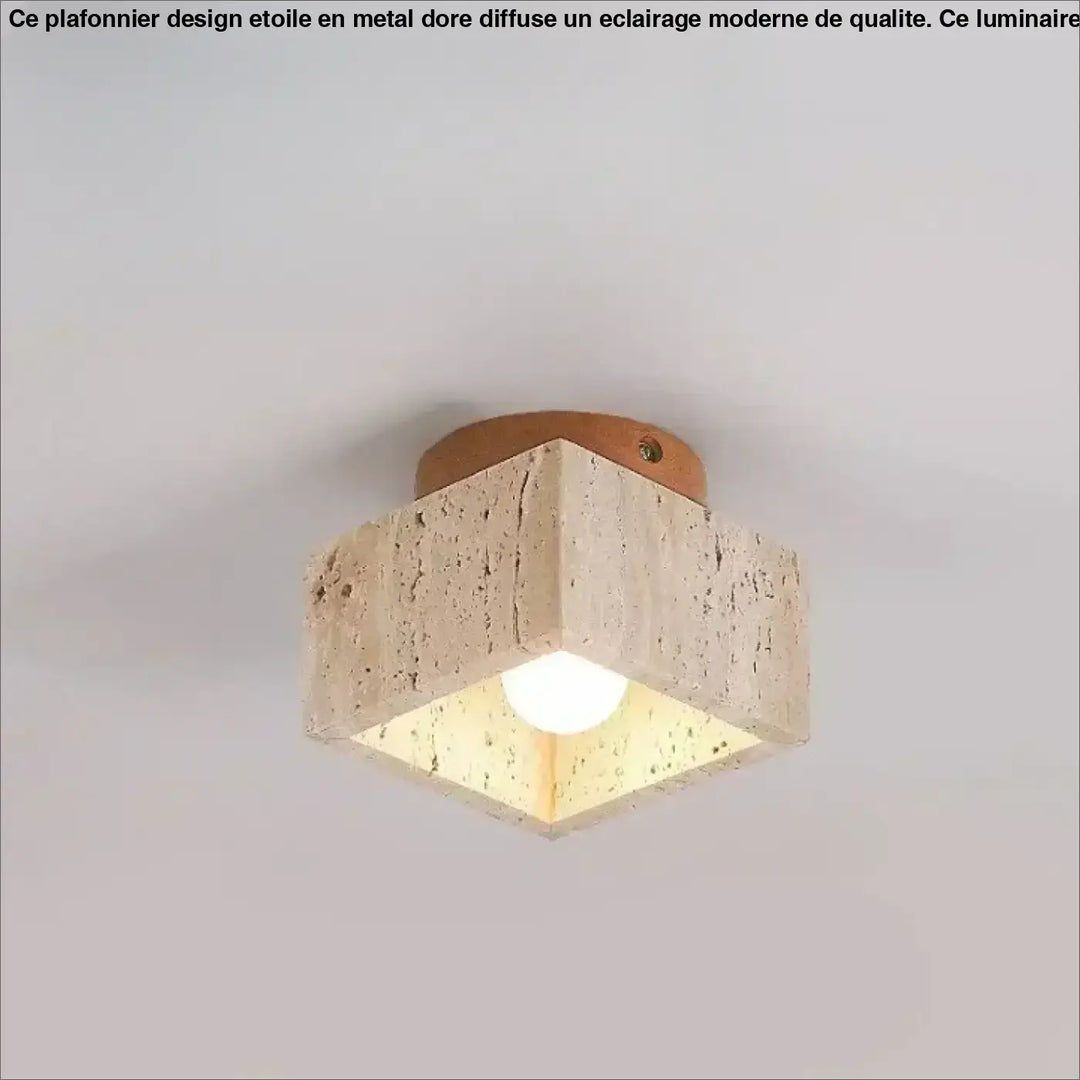 Luminaire plafonnier terris avec lumière en pierre hexagonale beige texturée et anneau de montage en cuir naturel
