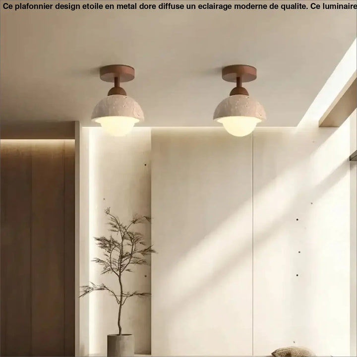 Deux luminaires plafonniers terris minimalistes avec fixations en bois chaud et abat-jours en céramique texturée ivoire