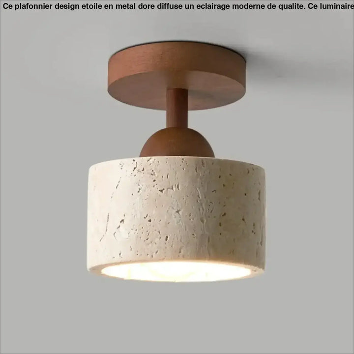 Luminaire plafonnier terris avec base en bois ton chaud et abat-jour en béton texturé ivoire off-white