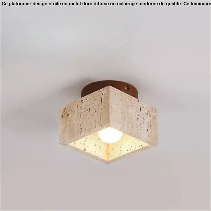 Luminaire plafonnier terris en pierre beige hexagonal avec lumière chaude et base de fixation en métal marron foncé