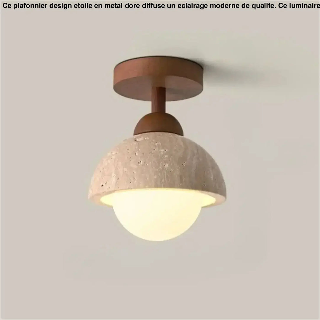 Luminaire plafonnier terris avec dôme en pierre texturée et abat-jour en verre chaud aux tons rustiques