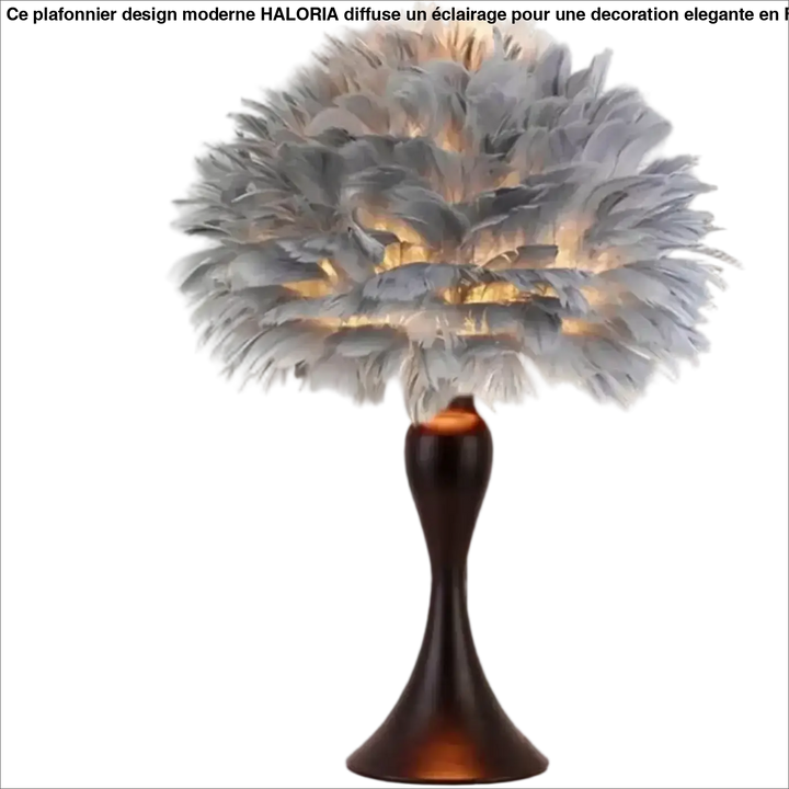 Lampe de chevet penna en plume blanche douce avec une lueur ambre chaude sur un socle marron élégant