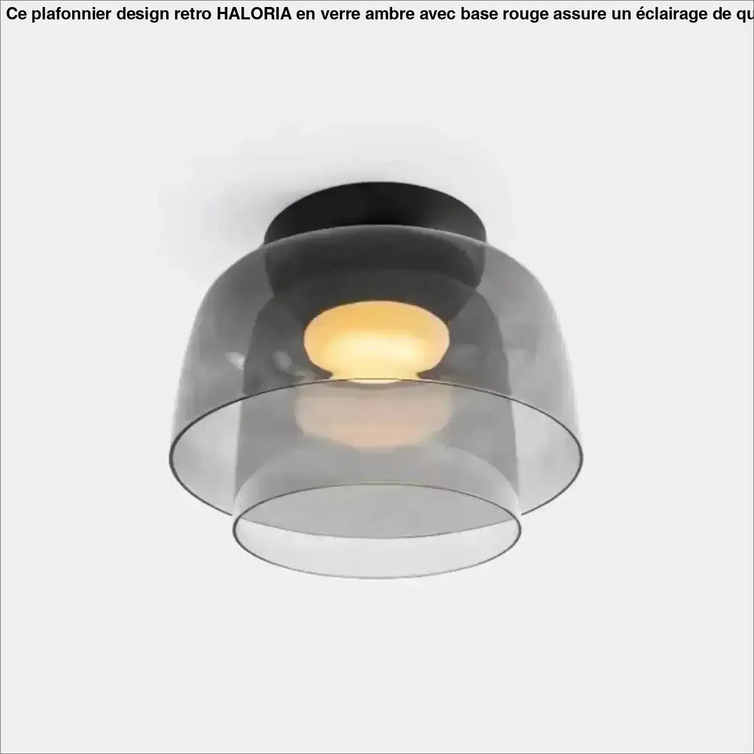 Luminaire plafonnier moderne avec base circulaire noire et abat-jour en verre translucide gris superposé