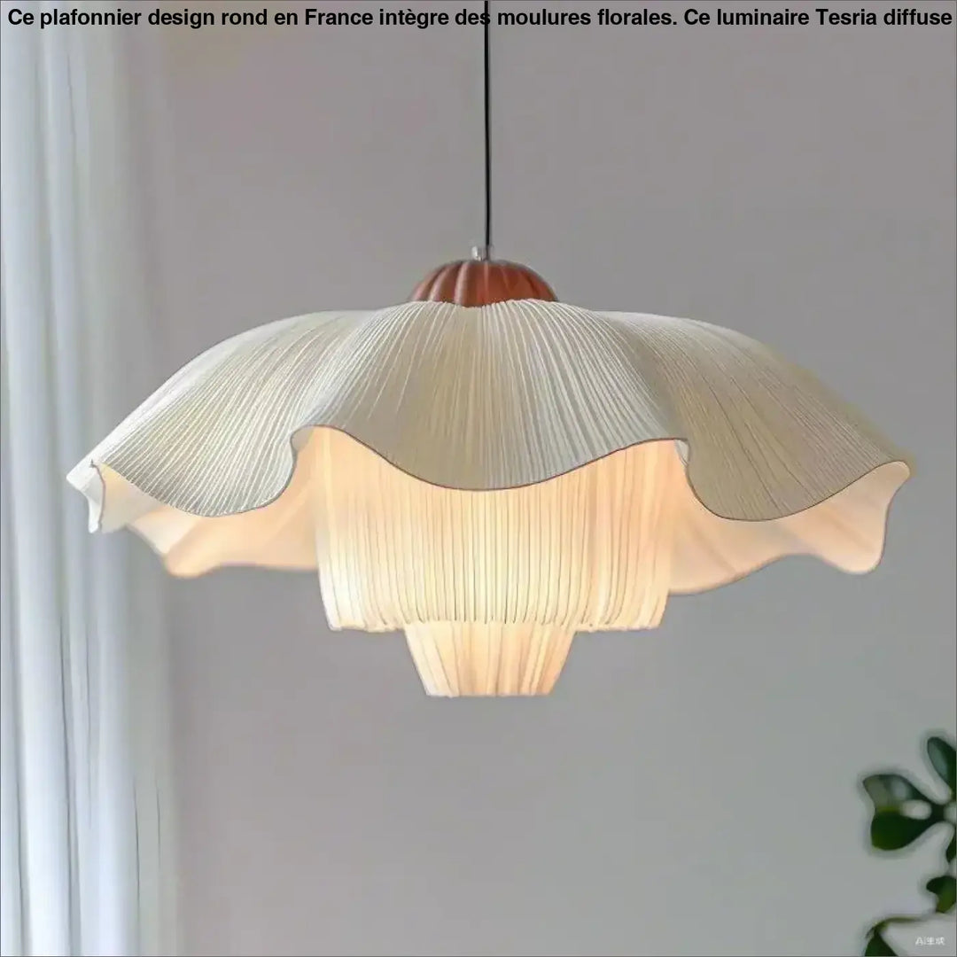 Suspension luminaire vapia en voilage plissé crème avec intérieur lumineux chaud et le sommet en bois naturel