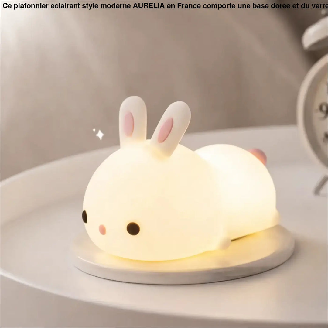 Veilleuse lapin souple blanche douce avec oreilles roses et yeux noirs pour un éclairage d ambiance agréable